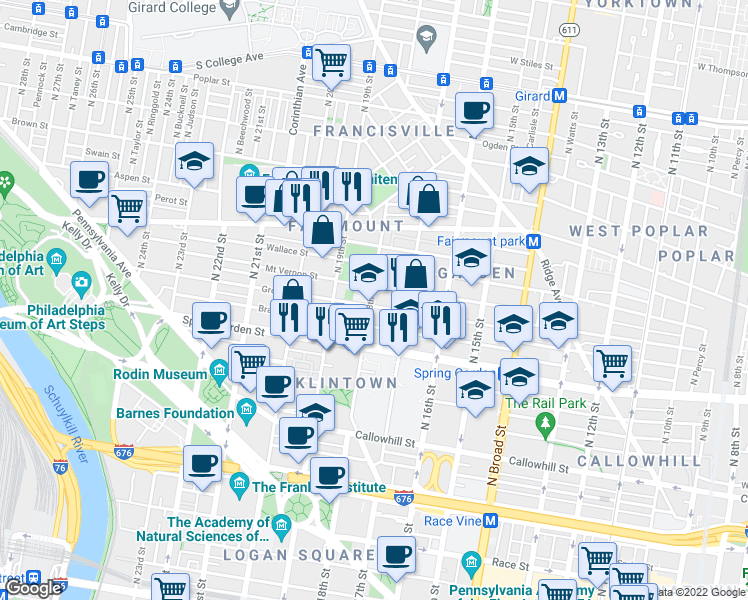 map of restaurants, bars, coffee shops, grocery stores, and more near 1719 Green Street in Philadelphia