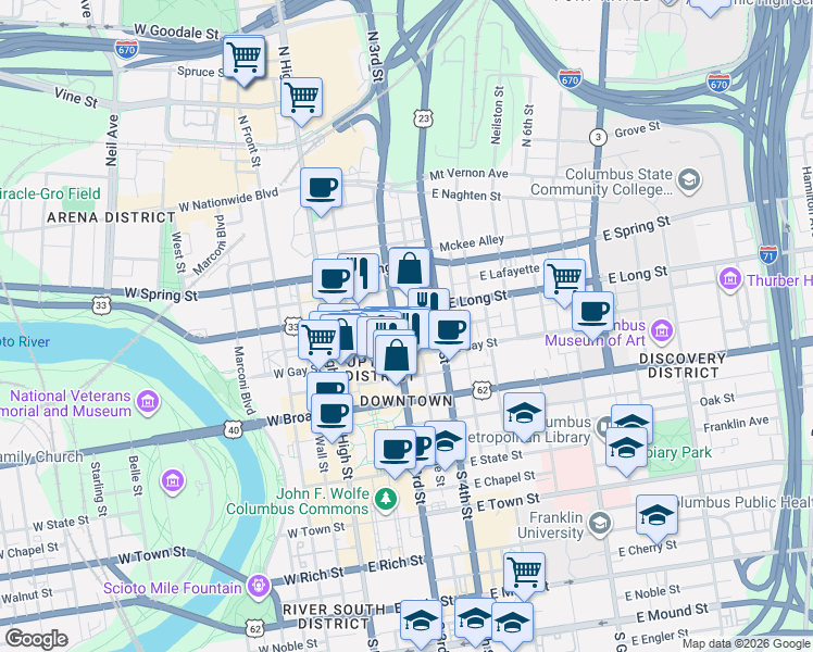 map of restaurants, bars, coffee shops, grocery stores, and more near 112 East Gay Street in Columbus