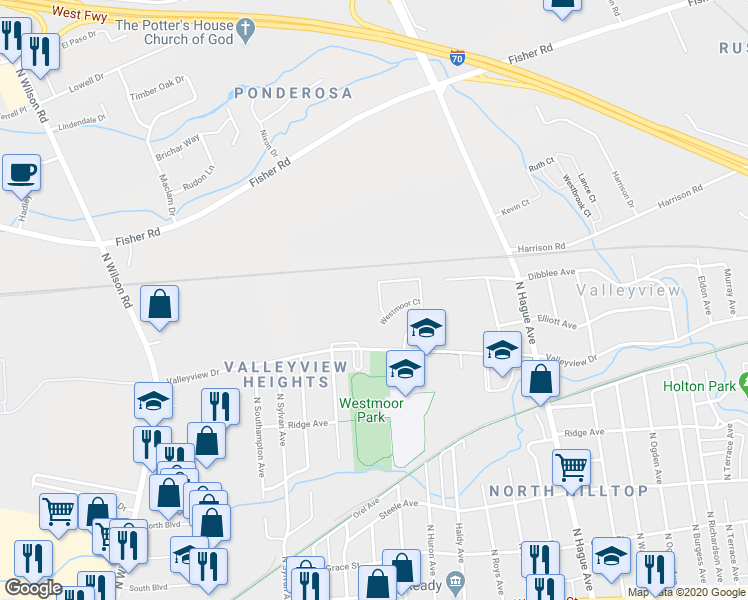 map of restaurants, bars, coffee shops, grocery stores, and more near 495 Westmoor Place in Columbus