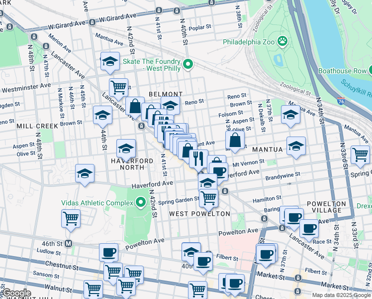 map of restaurants, bars, coffee shops, grocery stores, and more near 676 North Preston Street in Philadelphia