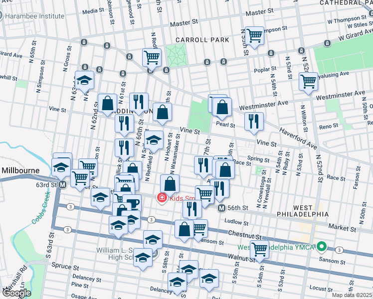 map of restaurants, bars, coffee shops, grocery stores, and more near 209 North 58th Street in Philadelphia