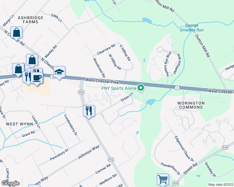 map of restaurants, bars, coffee shops, grocery stores, and more near 2102 Eton Court in West Chester