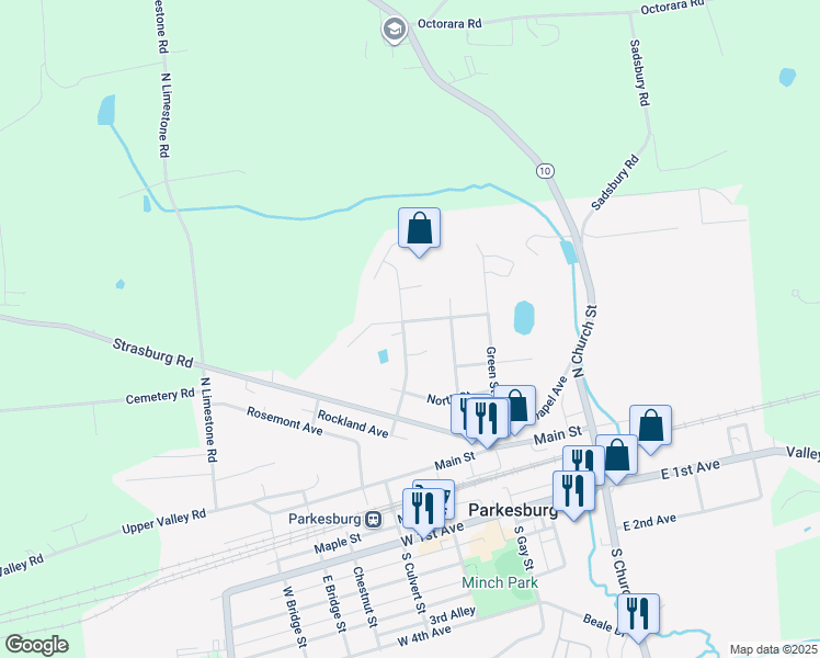 map of restaurants, bars, coffee shops, grocery stores, and more near 453 North Culvert Street in Parkesburg