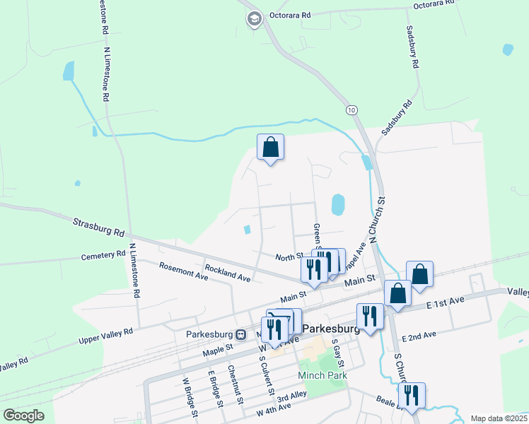 map of restaurants, bars, coffee shops, grocery stores, and more near 453 North Culvert Street in Parkesburg