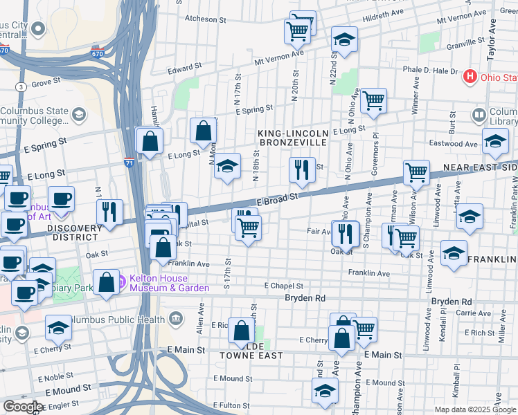 map of restaurants, bars, coffee shops, grocery stores, and more near 935 East Broad Street in Columbus