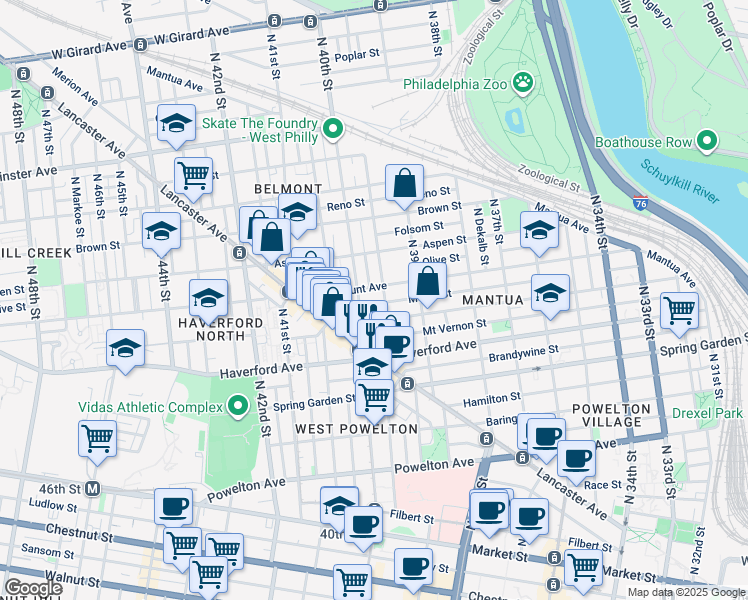 map of restaurants, bars, coffee shops, grocery stores, and more near 3949 Melon Street in Philadelphia