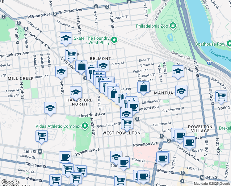map of restaurants, bars, coffee shops, grocery stores, and more near 4040 Lancaster Avenue in Philadelphia