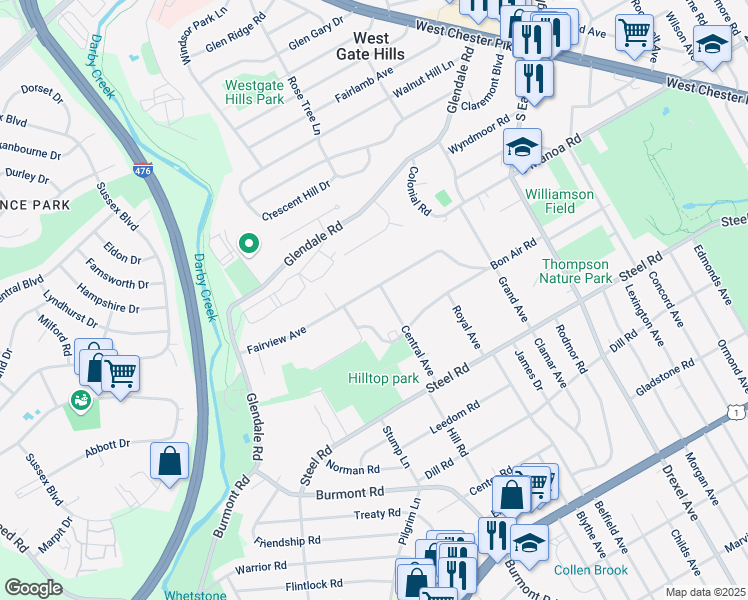 map of restaurants, bars, coffee shops, grocery stores, and more near 1321 Fairview Avenue in Havertown