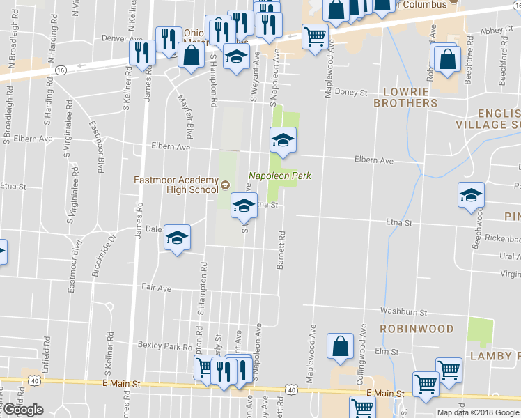 map of restaurants, bars, coffee shops, grocery stores, and more near 371 South Napoleon Avenue in Columbus
