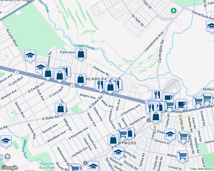 map of restaurants, bars, coffee shops, grocery stores, and more near 11 Ardsley Road in Upper Darby