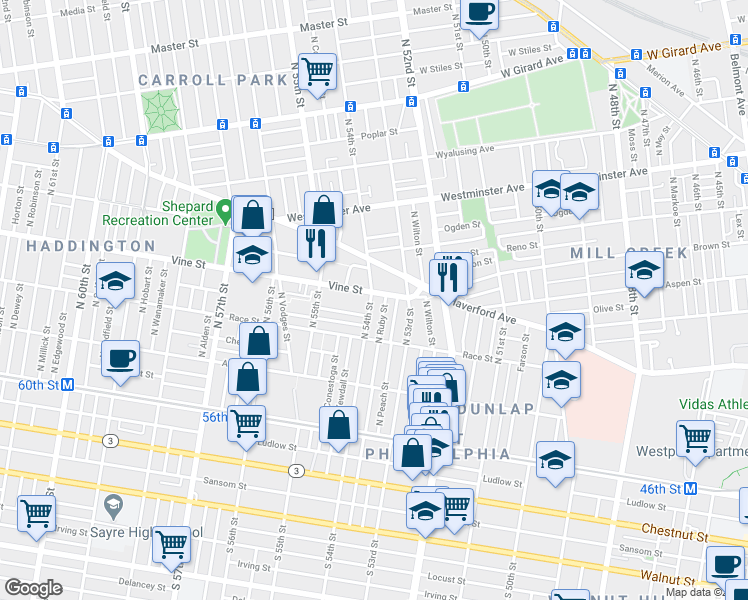 map of restaurants, bars, coffee shops, grocery stores, and more near 5338 Vine Street in Philadelphia