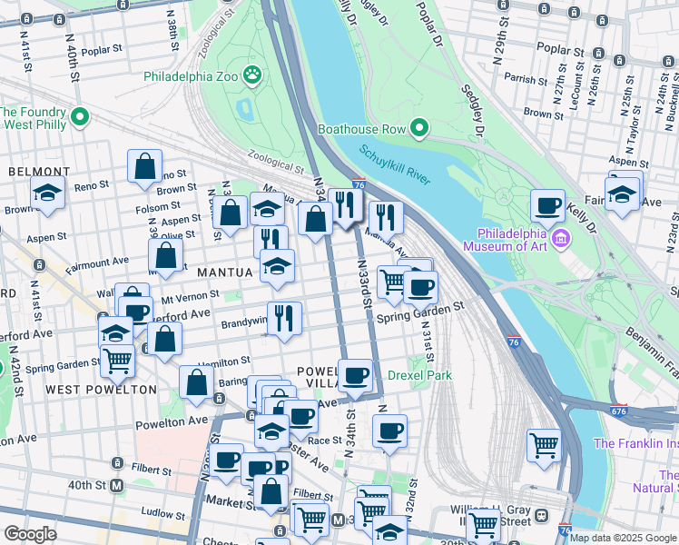 map of restaurants, bars, coffee shops, grocery stores, and more near 3339 Mount Vernon Street in Philadelphia