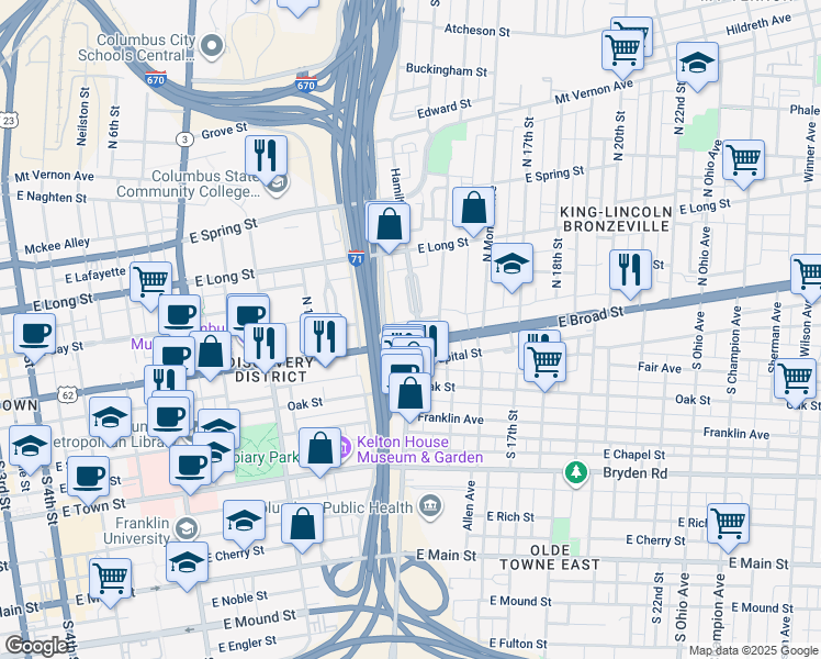 map of restaurants, bars, coffee shops, grocery stores, and more near in Columbus