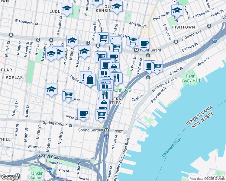 map of restaurants, bars, coffee shops, grocery stores, and more near 152 West Laurel Street in Philadelphia