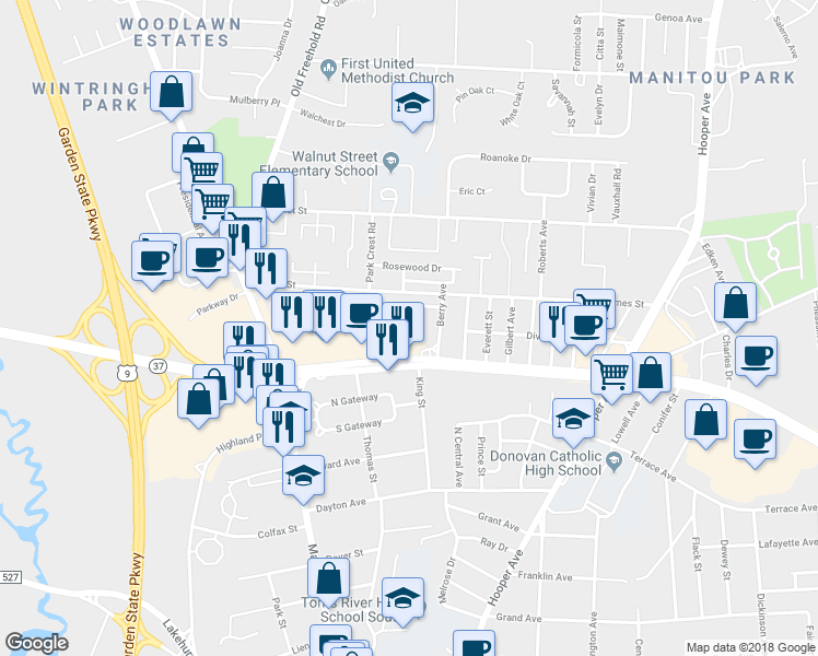 map of restaurants, bars, coffee shops, grocery stores, and more near 22 Knollwood Court in Toms River