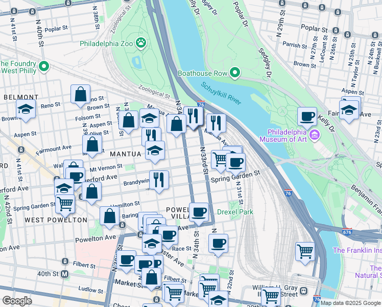 map of restaurants, bars, coffee shops, grocery stores, and more near 3339 Mount Vernon Street in Philadelphia