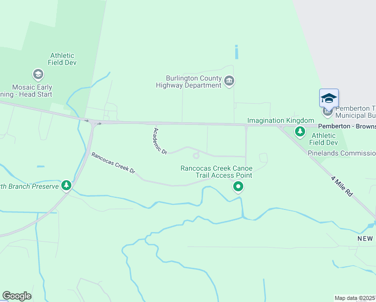 map of restaurants, bars, coffee shops, grocery stores, and more near Pemberton Browns Mills Road in Pemberton Township