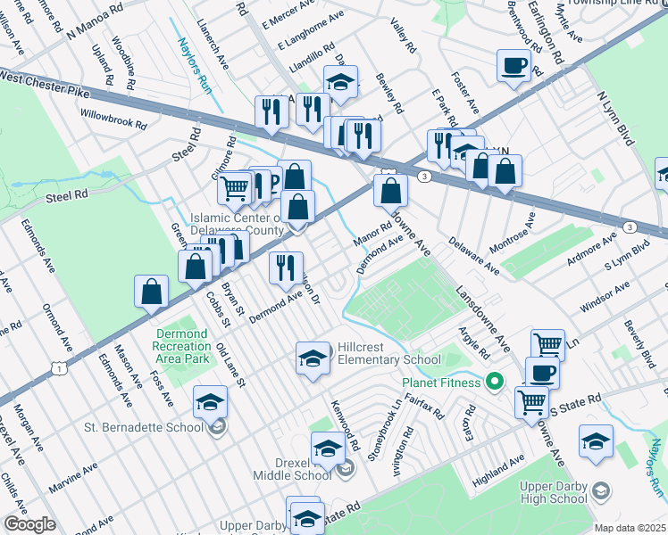 map of restaurants, bars, coffee shops, grocery stores, and more near 1203 Myrtlewood Avenue in Havertown