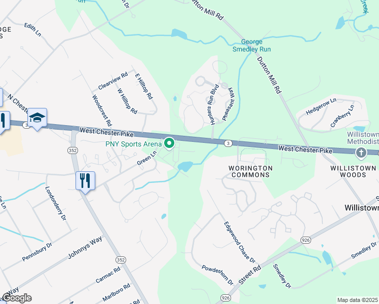 map of restaurants, bars, coffee shops, grocery stores, and more near 1650 West Chester Pike in West Chester