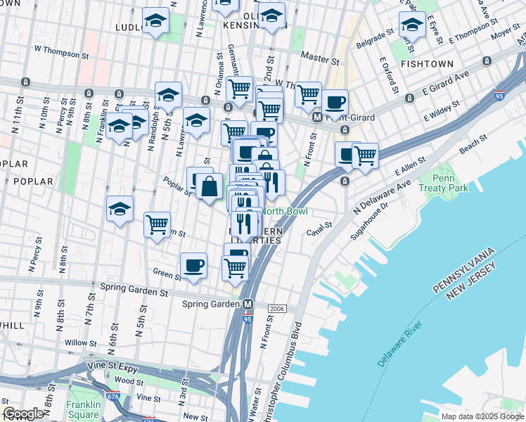map of restaurants, bars, coffee shops, grocery stores, and more near 152 West Laurel Street in Philadelphia