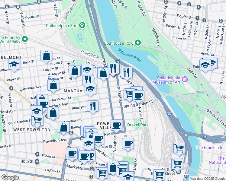 map of restaurants, bars, coffee shops, grocery stores, and more near 3329 Mount Vernon Street in Philadelphia