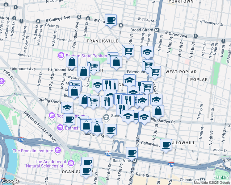 map of restaurants, bars, coffee shops, grocery stores, and more near 1619 Mount Vernon Street in Philadelphia