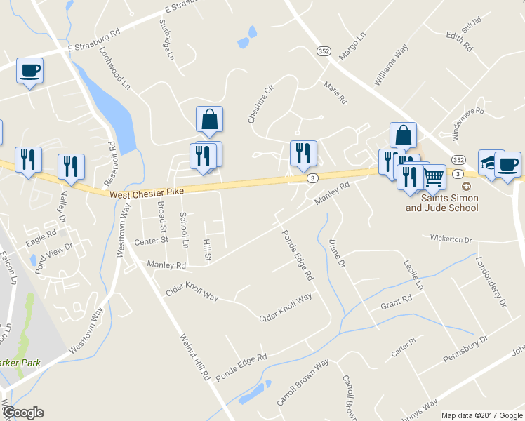 map of restaurants, bars, coffee shops, grocery stores, and more near 613 Summit House in West Chester