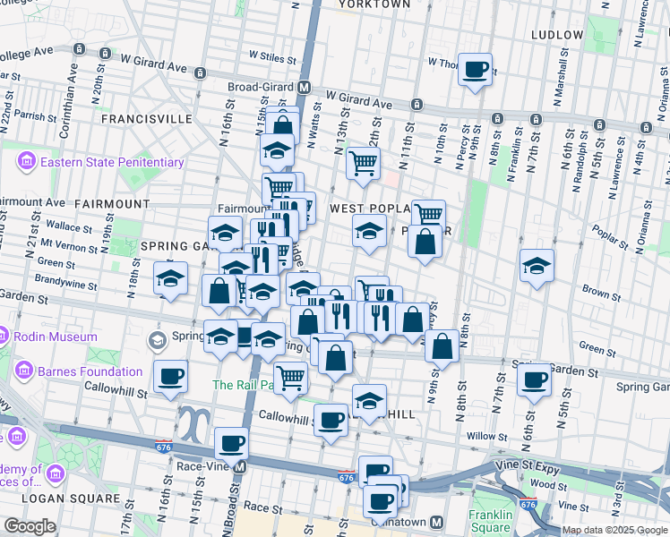 map of restaurants, bars, coffee shops, grocery stores, and more near 1216 Wallace Street in Philadelphia