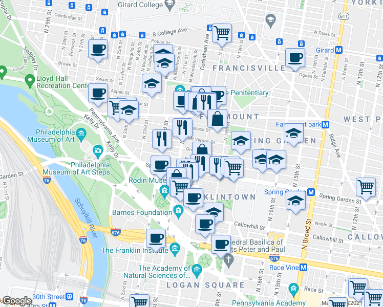 map of restaurants, bars, coffee shops, grocery stores, and more near 2020 Green Street in Philadelphia