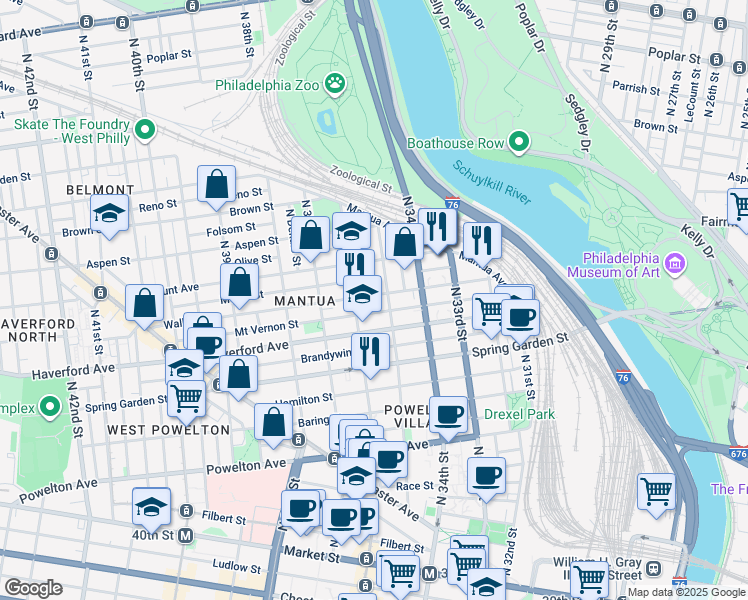 map of restaurants, bars, coffee shops, grocery stores, and more near 3508 Wallace Street in Philadelphia