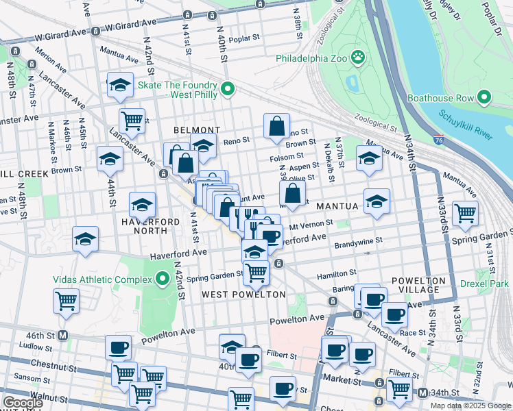 map of restaurants, bars, coffee shops, grocery stores, and more near 3949 Melon Street in Philadelphia