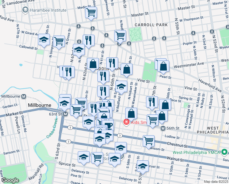 map of restaurants, bars, coffee shops, grocery stores, and more near 162 North Salford Street in Philadelphia