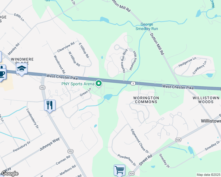 map of restaurants, bars, coffee shops, grocery stores, and more near 1700 West Chester Pike in Newtown Square