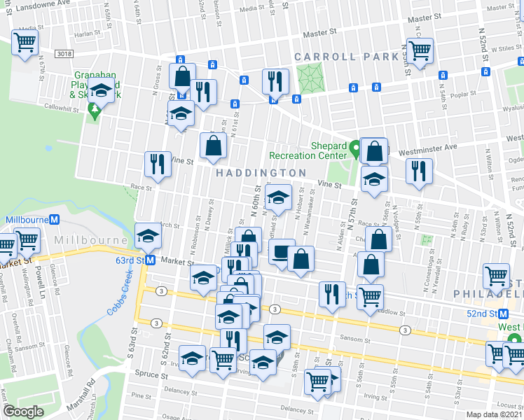 map of restaurants, bars, coffee shops, grocery stores, and more near 162 North Salford Street in Philadelphia