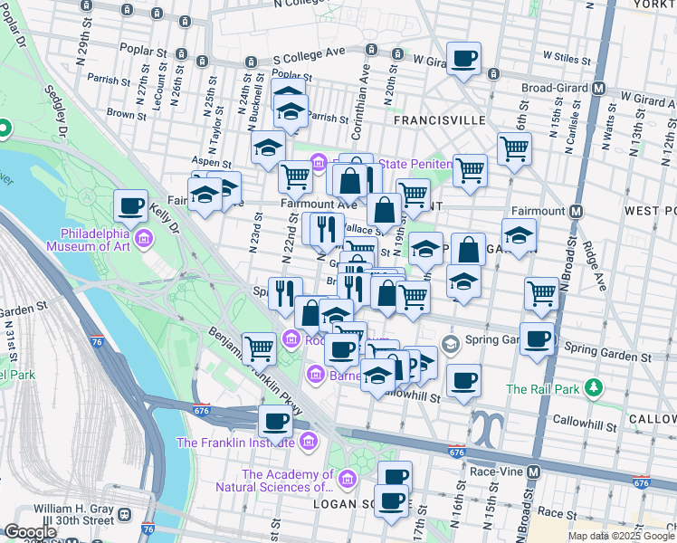 map of restaurants, bars, coffee shops, grocery stores, and more near 2020 Green Street in Philadelphia