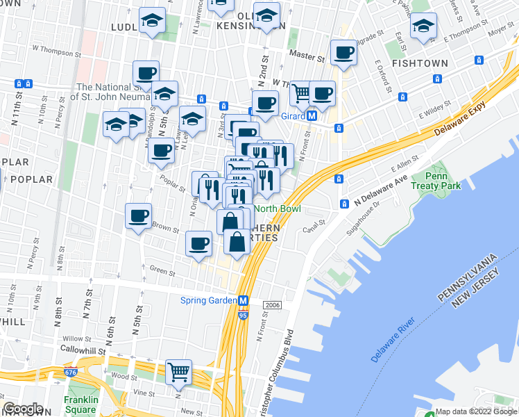 map of restaurants, bars, coffee shops, grocery stores, and more near 929 North Hancock Street in Philadelphia
