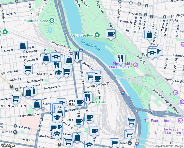 map of restaurants, bars, coffee shops, grocery stores, and more near 615 North 32nd Street in Philadelphia