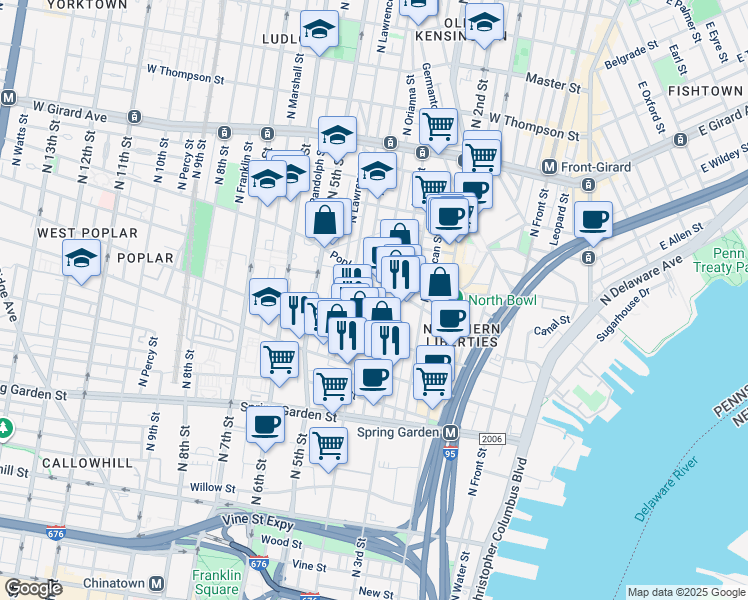 map of restaurants, bars, coffee shops, grocery stores, and more near 846 North Orianna Street in Philadelphia