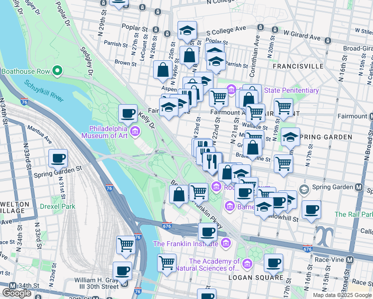map of restaurants, bars, coffee shops, grocery stores, and more near 2321 Pennsylvania Avenue in Philadelphia