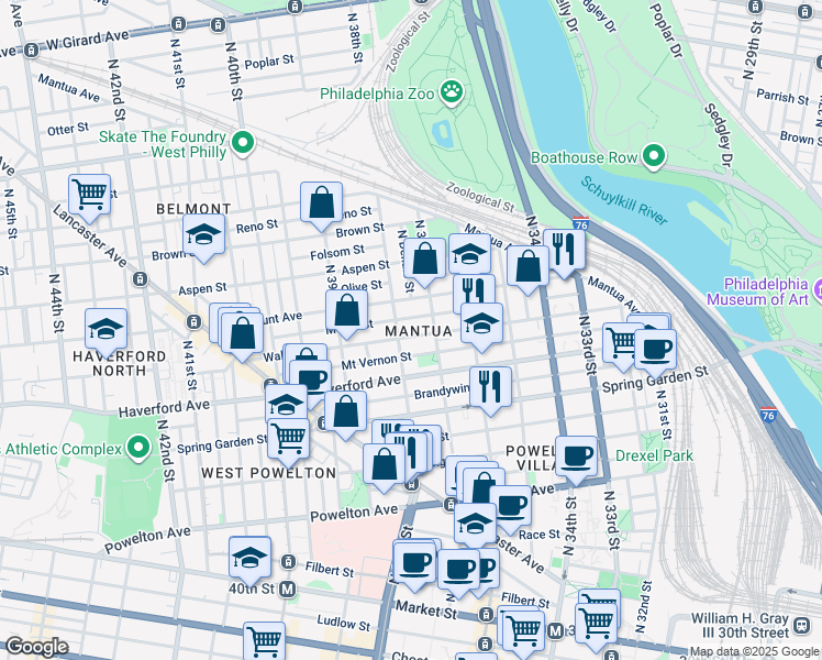 map of restaurants, bars, coffee shops, grocery stores, and more near 3729 Wallace Street in Philadelphia