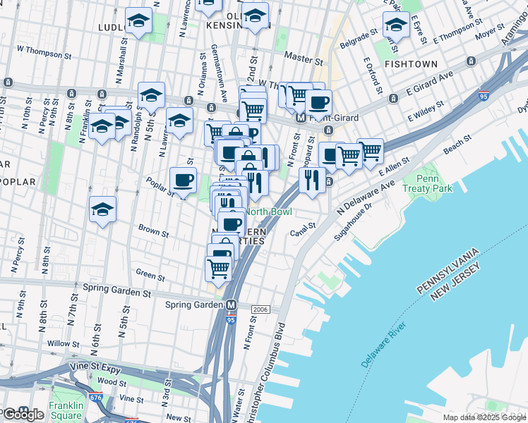 map of restaurants, bars, coffee shops, grocery stores, and more near 124 West Laurel Street in Philadelphia