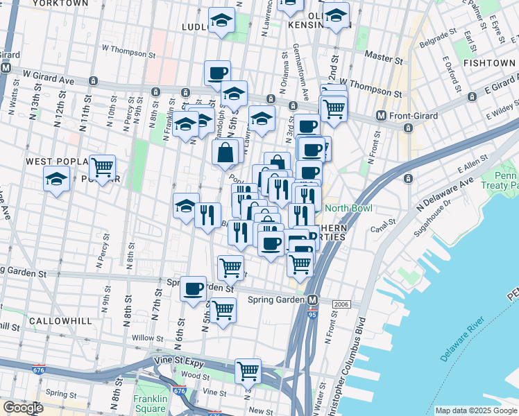 map of restaurants, bars, coffee shops, grocery stores, and more near 846 North Orianna Street in Philadelphia