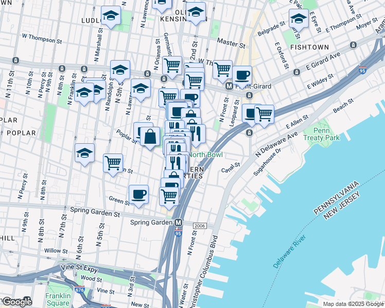 map of restaurants, bars, coffee shops, grocery stores, and more near 152 West Laurel Street in Philadelphia