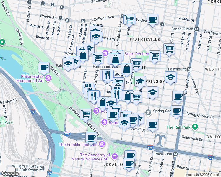 map of restaurants, bars, coffee shops, grocery stores, and more near 2024 Green Street in Philadelphia