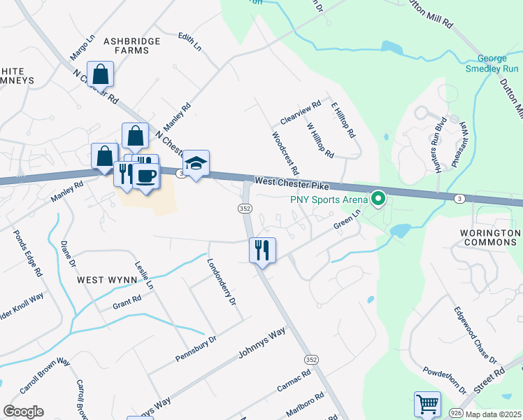 map of restaurants, bars, coffee shops, grocery stores, and more near 303 Cumbrian Court in West Chester