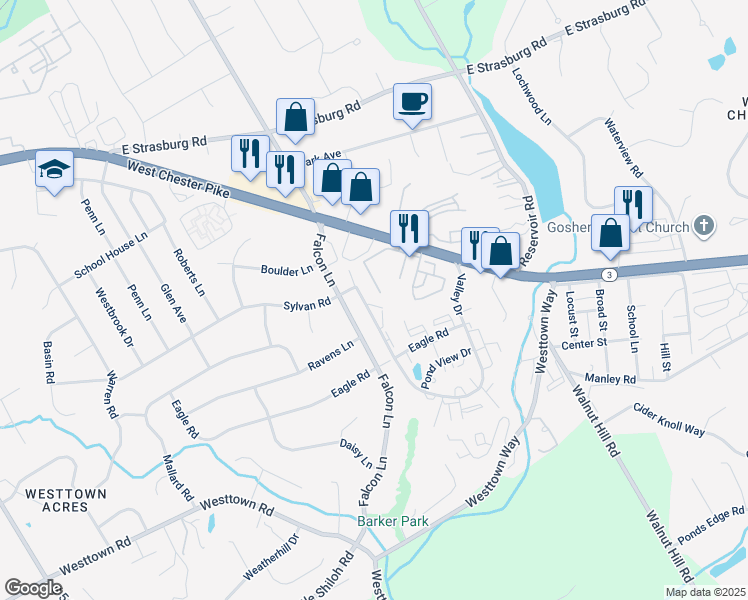 map of restaurants, bars, coffee shops, grocery stores, and more near 3212 Valley Drive in West Chester