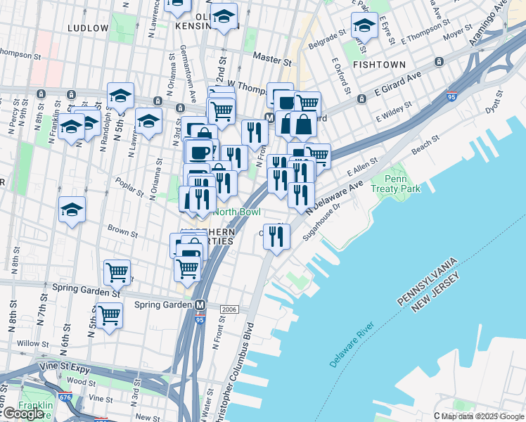 map of restaurants, bars, coffee shops, grocery stores, and more near 74 East Laurel Street in Philadelphia