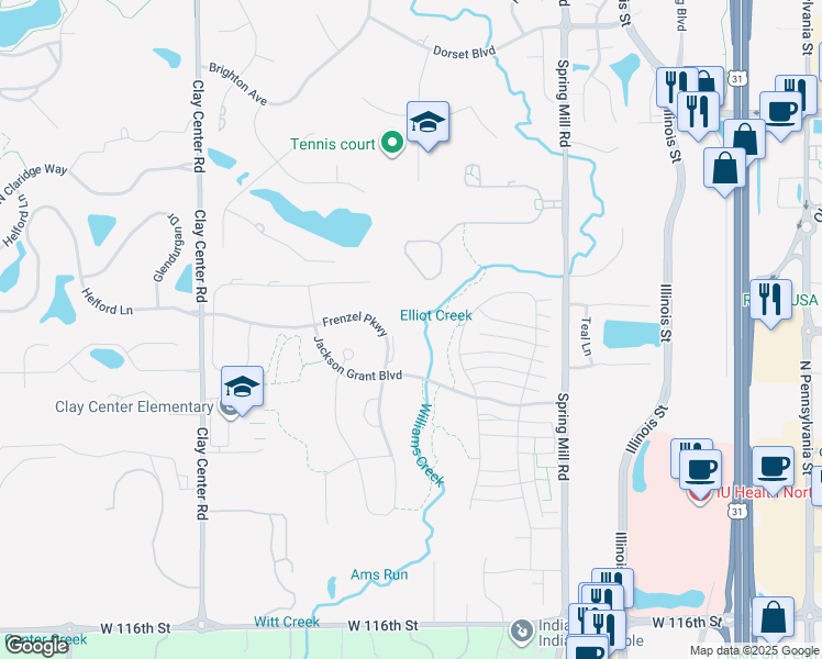 map of restaurants, bars, coffee shops, grocery stores, and more near 1136 Frenzel Parkway in Carmel