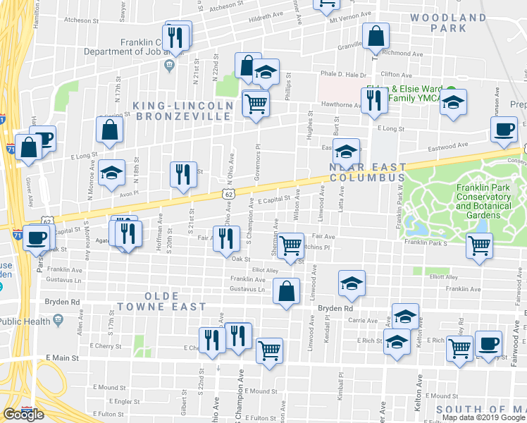 map of restaurants, bars, coffee shops, grocery stores, and more near Madison Avenue in Columbus