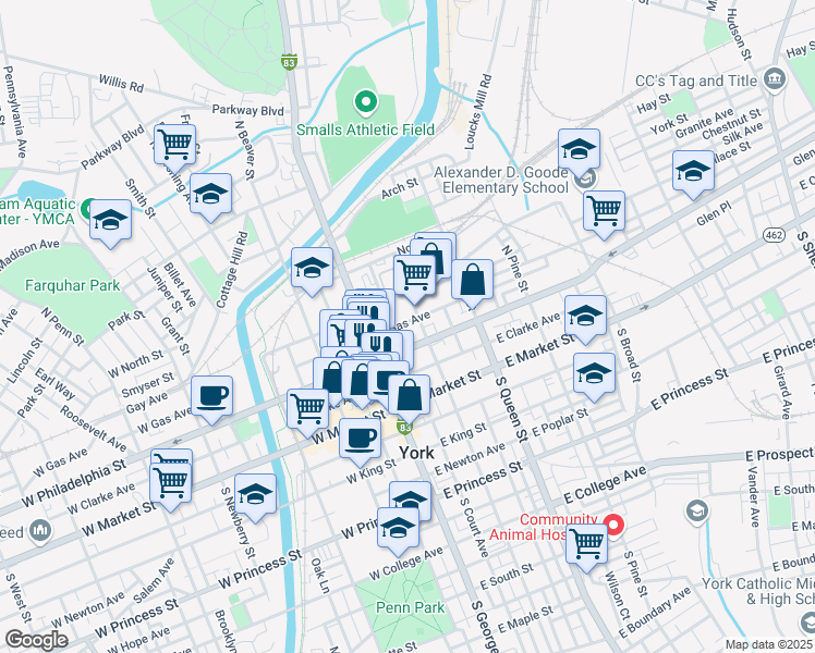 map of restaurants, bars, coffee shops, grocery stores, and more near 46 East Gas Avenue in York